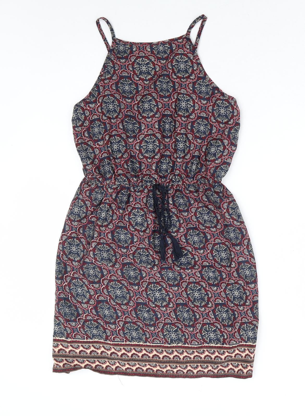 Primark Womens Multicoloured Geometric Polyester Fit & Flare Size 8 Square Neck Drawstring