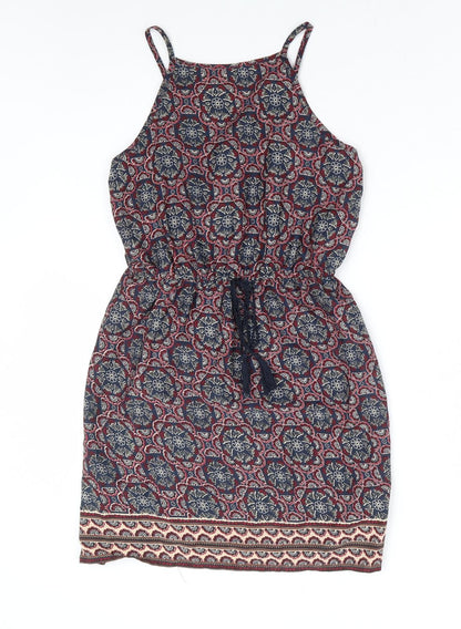 Primark Womens Multicoloured Geometric Polyester Fit & Flare Size 8 Square Neck Drawstring