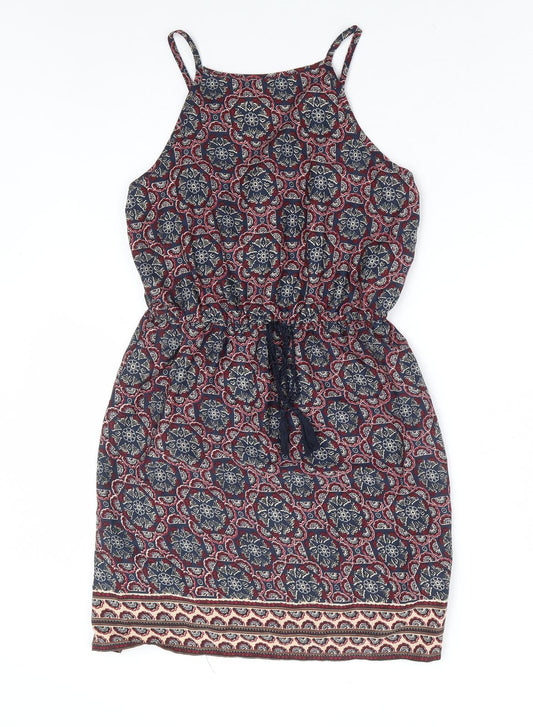 Primark Womens Multicoloured Geometric Polyester Fit & Flare Size 8 Square Neck Drawstring