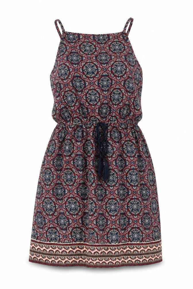 Primark Womens Multicoloured Geometric Polyester Fit & Flare Size 8 Square Neck Drawstring
