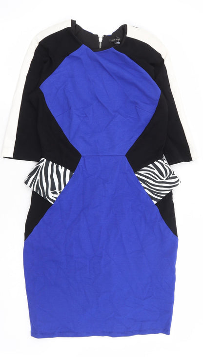 River Island Womens Blue Viscose A-Line Size 14 Round Neck Zip - Colourblock