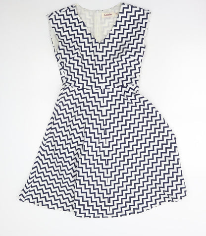 Louche Womens Blue Geometric Polyester A-Line Size 8 Round Neck Zip