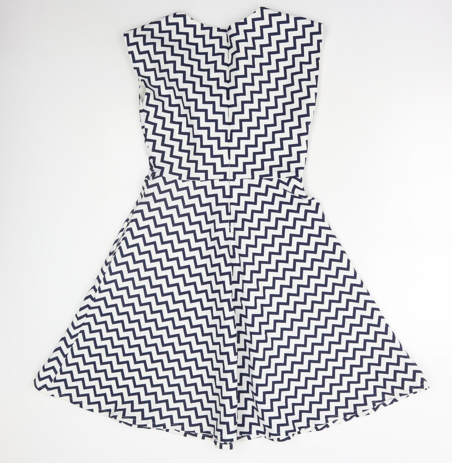 Louche Womens Blue Geometric Polyester A-Line Size 8 Round Neck Zip