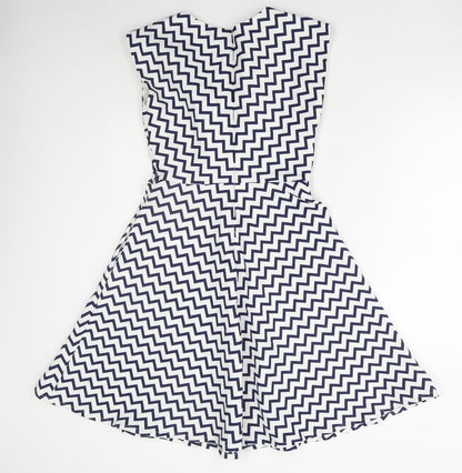 Louche Womens Blue Geometric Polyester A-Line Size 8 Round Neck Zip