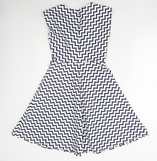 Louche Womens Blue Geometric Polyester A-Line Size 8 Round Neck Zip