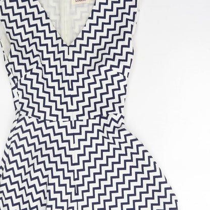 Louche Womens Blue Geometric Polyester A-Line Size 8 Round Neck Zip