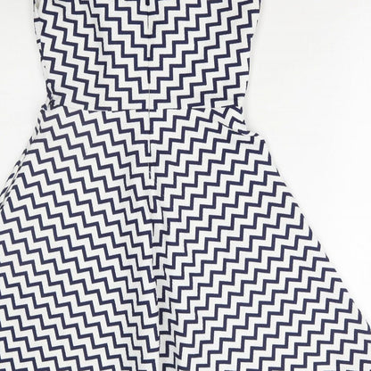 Louche Womens Blue Geometric Polyester A-Line Size 8 Round Neck Zip