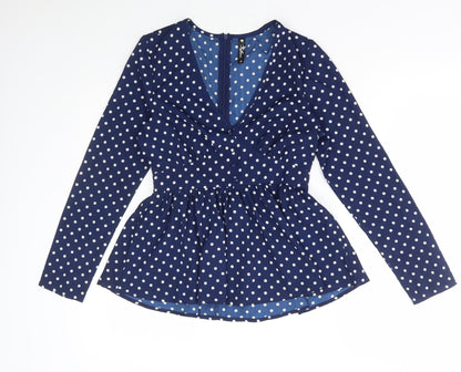 Influence Womens Blue Polka Dot Polyester Basic Blouse Size 8 V-Neck