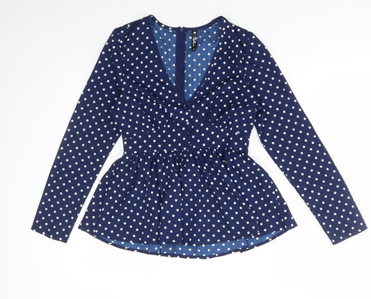 Influence Womens Blue Polka Dot Polyester Basic Blouse Size 8 V-Neck