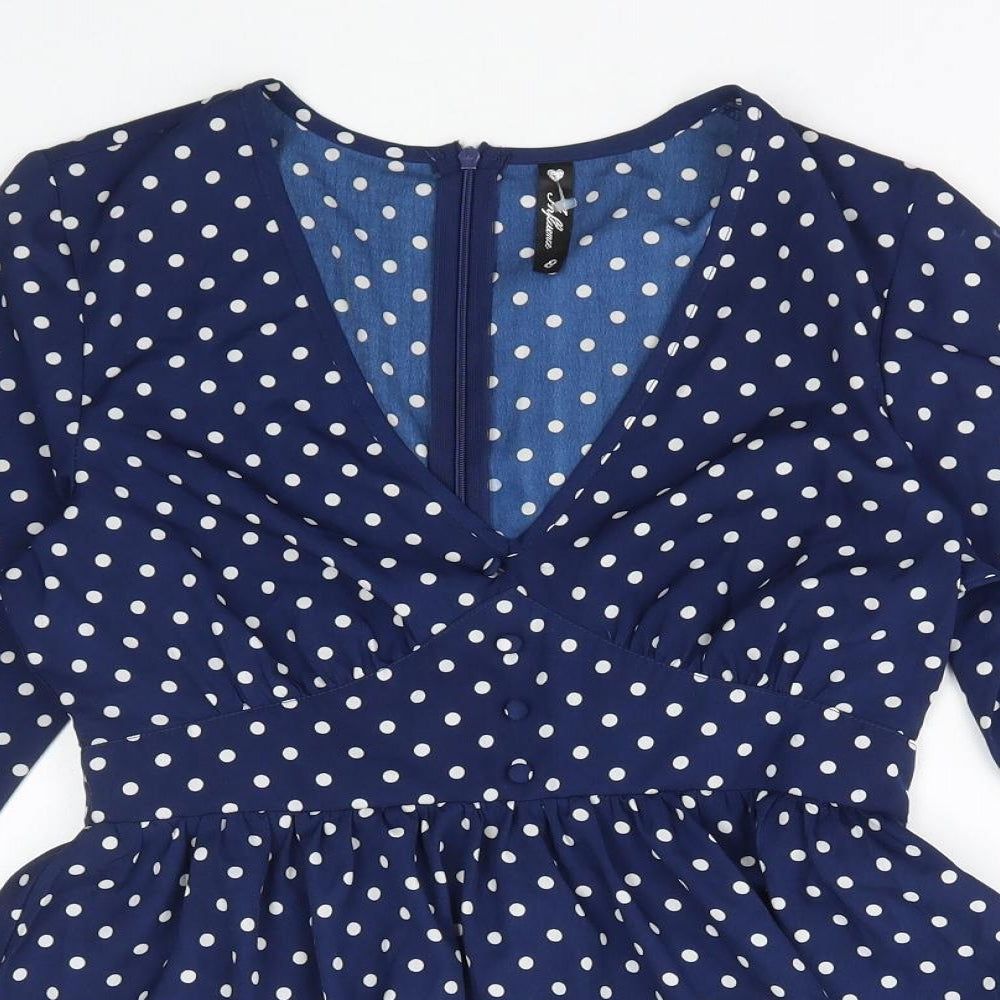 Influence Womens Blue Polka Dot Polyester Basic Blouse Size 8 V-Neck