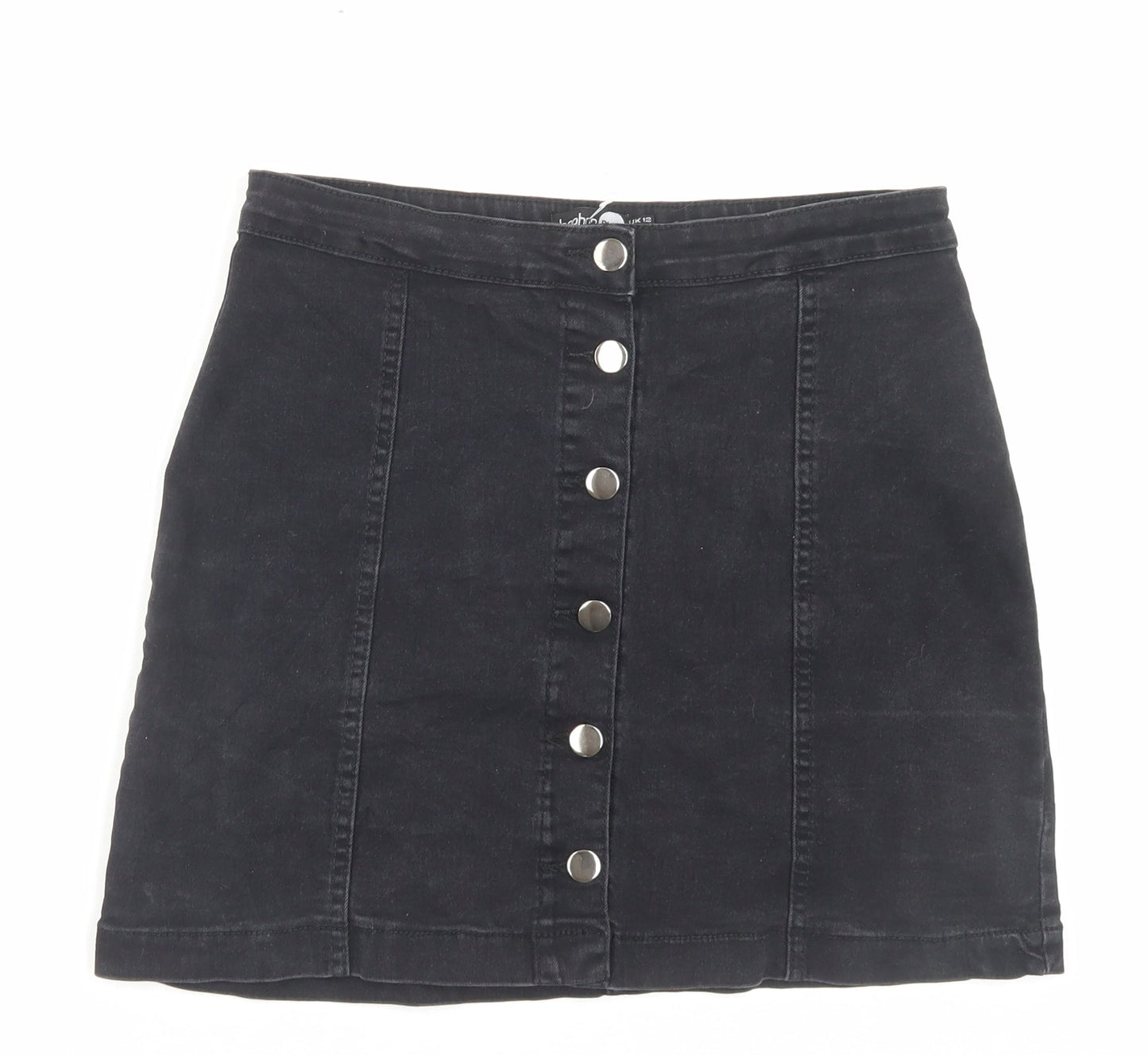 Boohoo Womens Black Cotton A-Line Skirt Size 12 Button