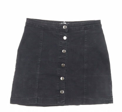 Boohoo Womens Black Cotton A-Line Skirt Size 12 Button