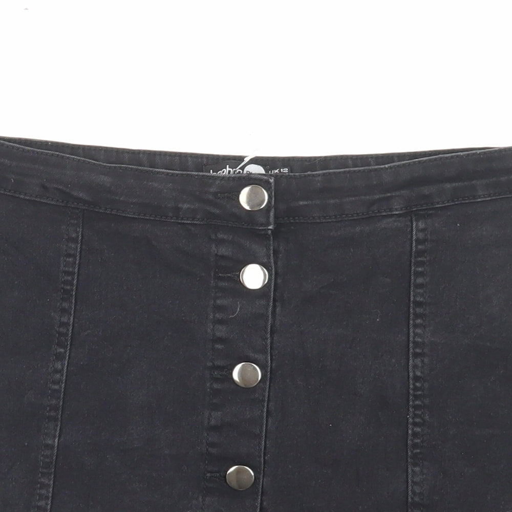 Boohoo Womens Black Cotton A-Line Skirt Size 12 Button