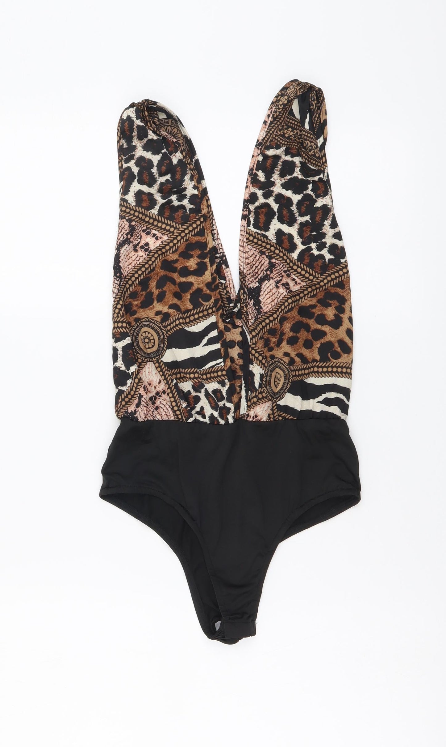 Boohoo Womens Black Geometric Polyester Bodysuit One-Piece Size 6 Snap