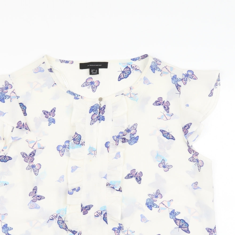 Atmosphere Womens White Geometric Polyester Basic Blouse Size 12 V-Neck - Butterfly pattern