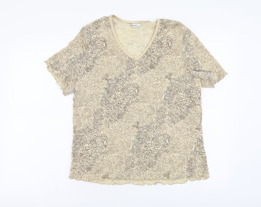 Berkertex Womens Beige Floral Nylon Basic T-Shirt Size 18 V-Neck