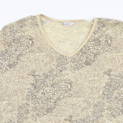 Berkertex Womens Beige Floral Nylon Basic T-Shirt Size 18 V-Neck