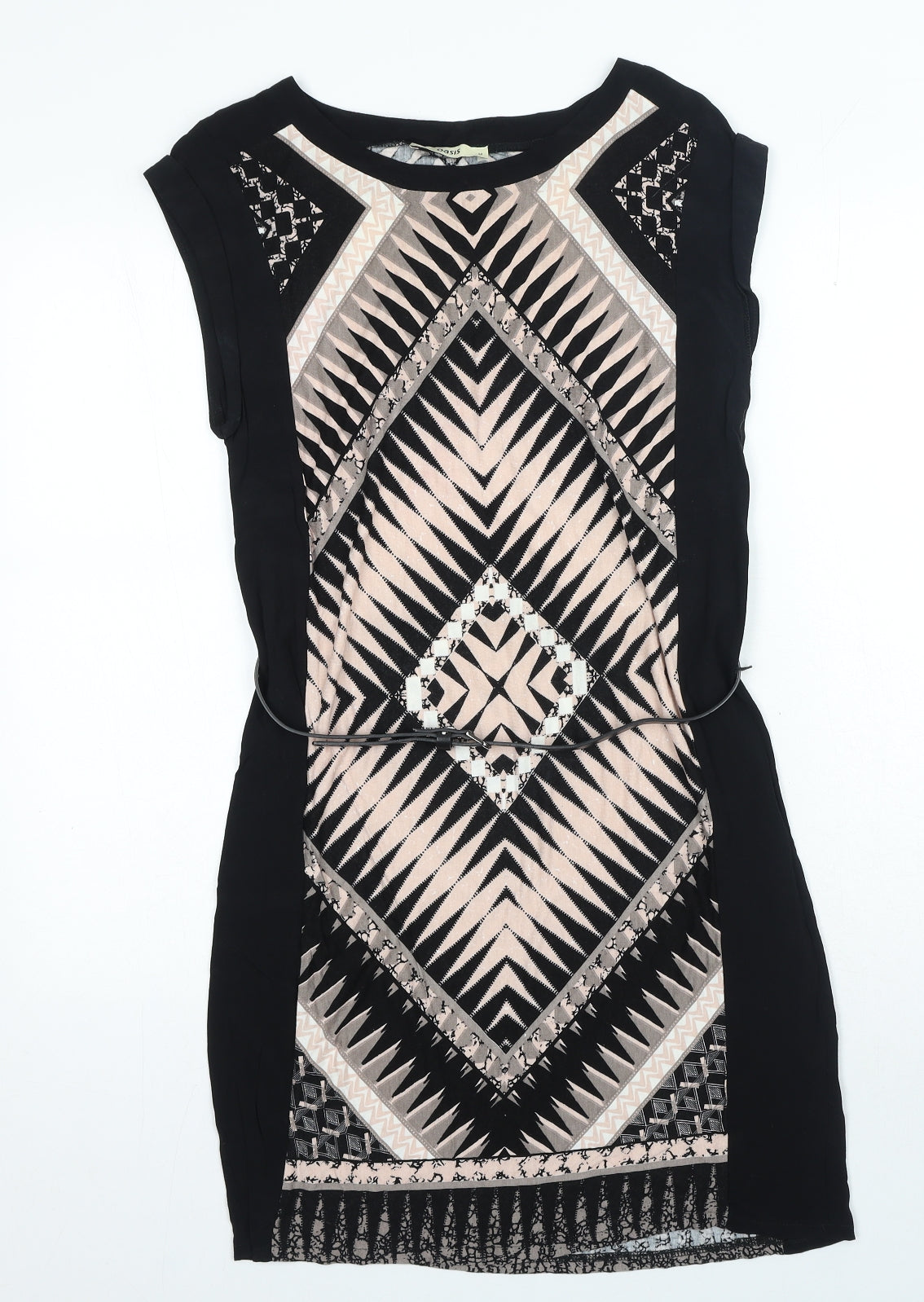 Oasis Womens Black Geometric Viscose T-Shirt Dress Round Neck Pullover