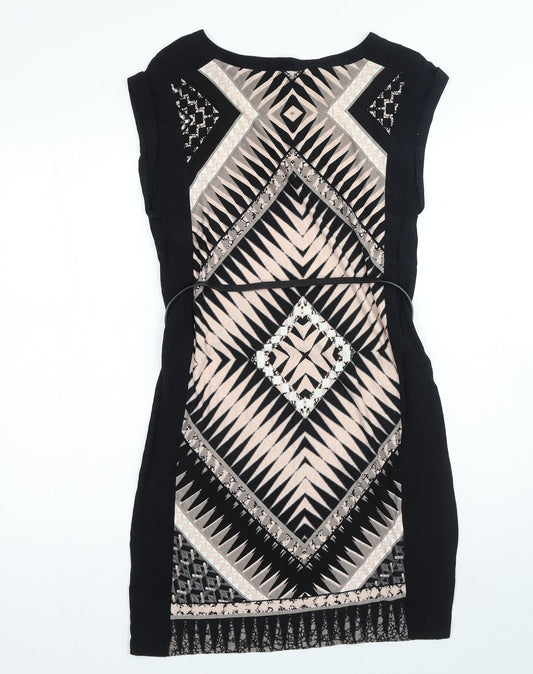 Oasis Womens Black Geometric Viscose T-Shirt Dress Round Neck Pullover