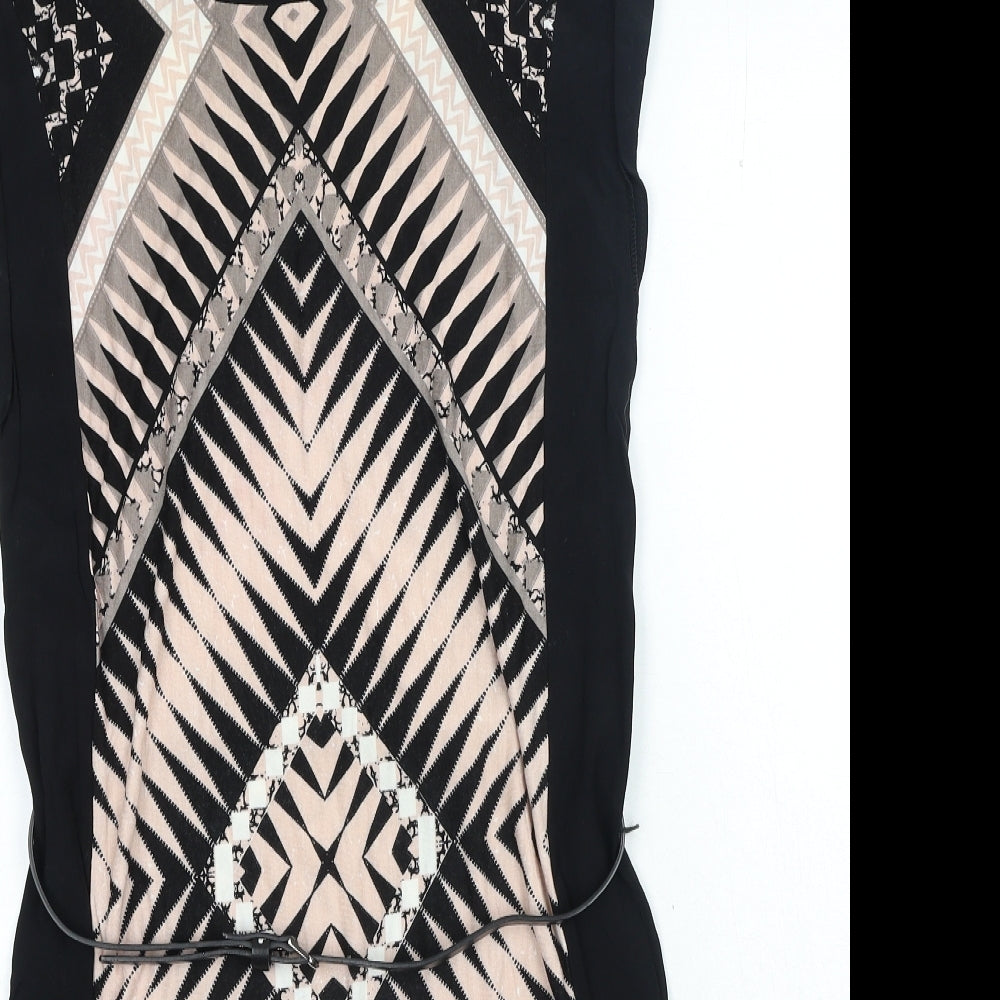 Oasis Womens Black Geometric Viscose T-Shirt Dress Round Neck Pullover