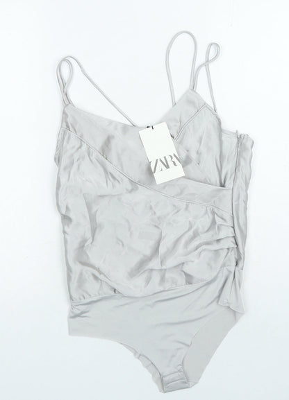 Zara Womens Silver Polyester Bodysuit One-Piece Size XS Snap