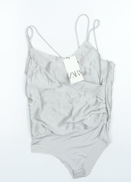 Zara Womens Silver Polyester Bodysuit One-Piece Size XS Snap