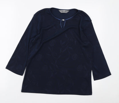 AMARANTO Womens Blue Round Neck Floral Polyester Pullover Jumper Size L