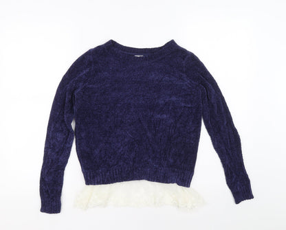 Oh MG Womens Blue Boat Neck Rayon Pullover Jumper Size S - Lace hem