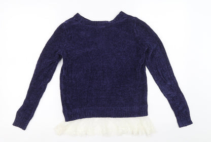 Oh MG Womens Blue Boat Neck Rayon Pullover Jumper Size S - Lace hem