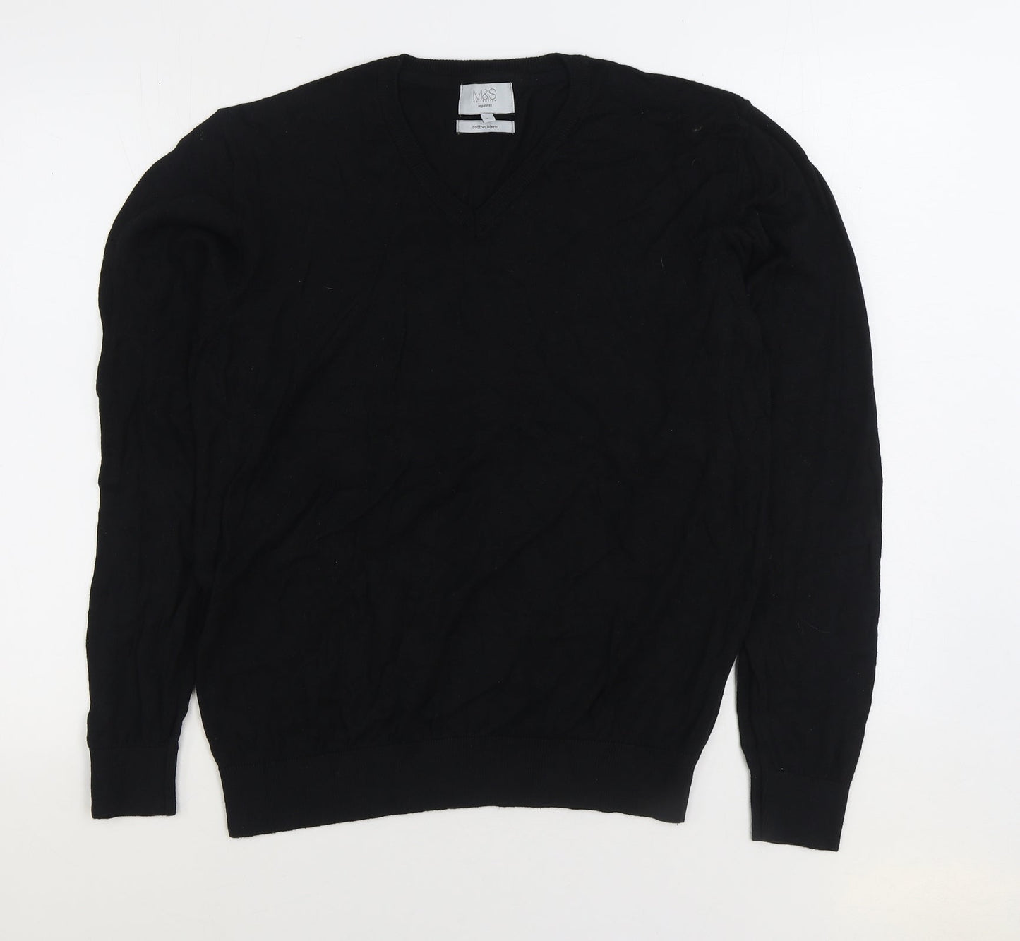 Marks and Spencer Mens Black V-Neck Cotton Pullover Jumper Size L