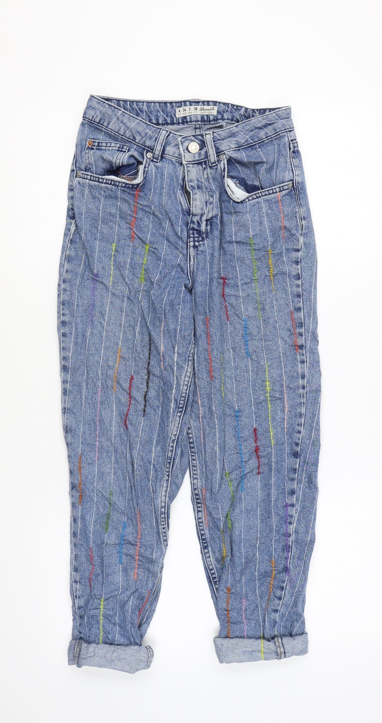 Denim & Co. Womens Blue Striped Cotton Mom Jeans Size 6 L21 in Regular Zip