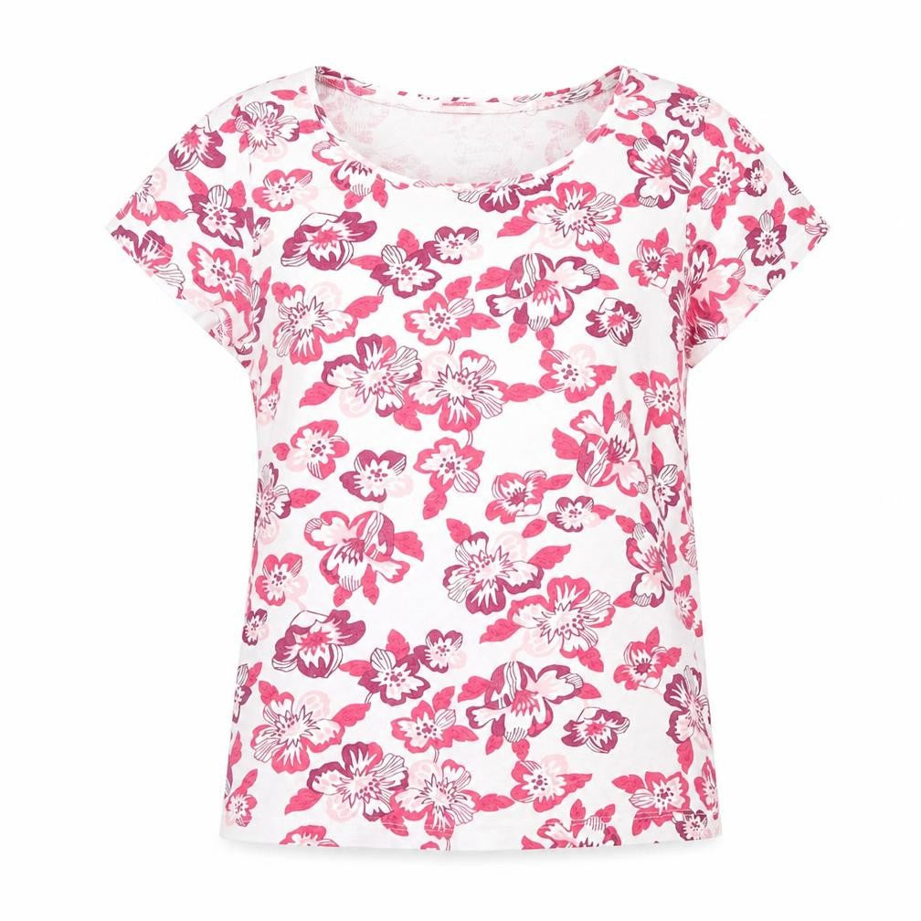 Essentials Womens Pink Floral Polyester Basic T-Shirt Size 10 Crew Neck