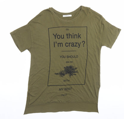 Bershka Womens Green Viscose Basic T-Shirt Size L Crew Neck - Do You Think Im Crazy?
