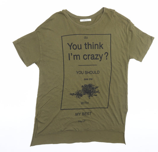 Bershka Womens Green Viscose Basic T-Shirt Size L Crew Neck - Do You Think Im Crazy?
