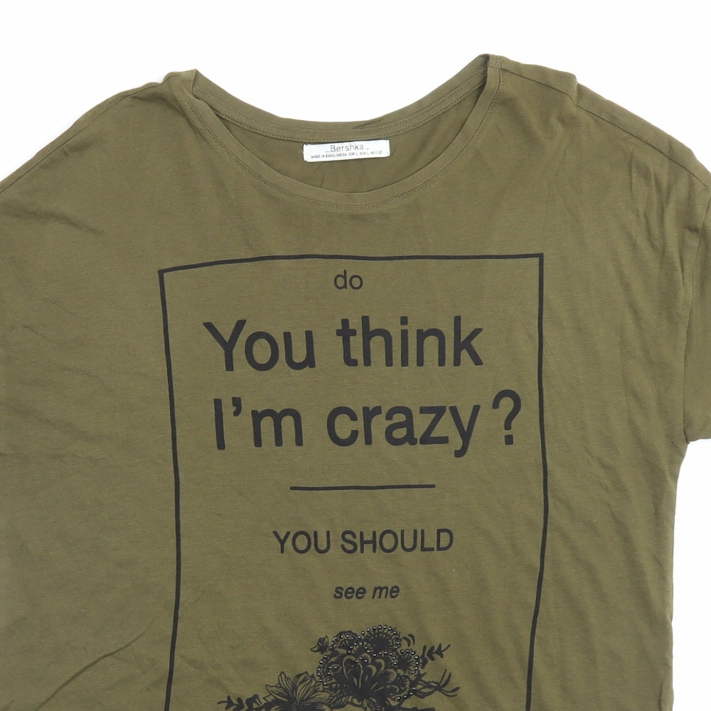 Bershka Womens Green Viscose Basic T-Shirt Size L Crew Neck - Do You Think Im Crazy?