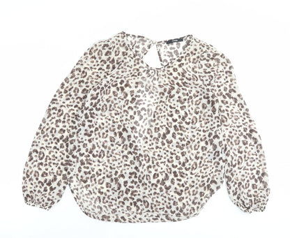 George Womens Brown Animal Print Polyester Basic Blouse Size 8 Crew Neck