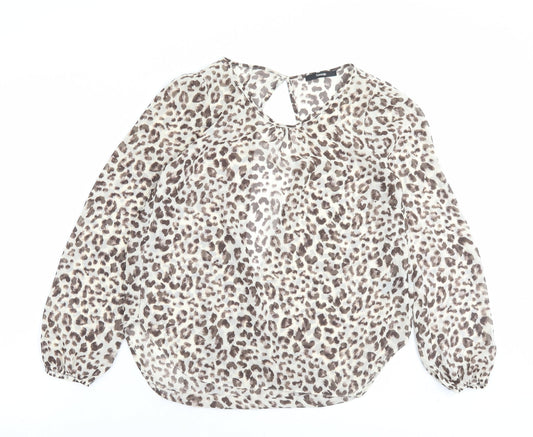 George Womens Brown Animal Print Polyester Basic Blouse Size 8 Crew Neck