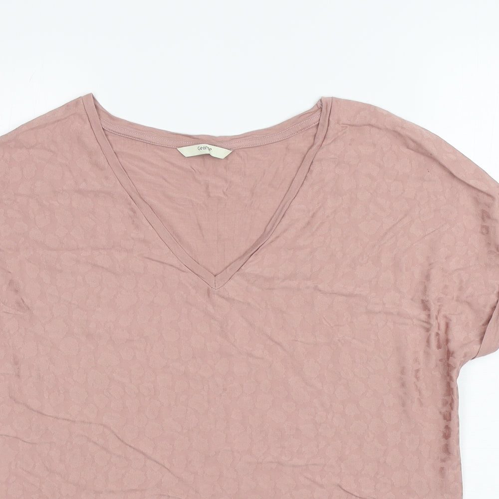 George Womens Pink Animal Print Viscose Basic T-Shirt Size 8 V-Neck