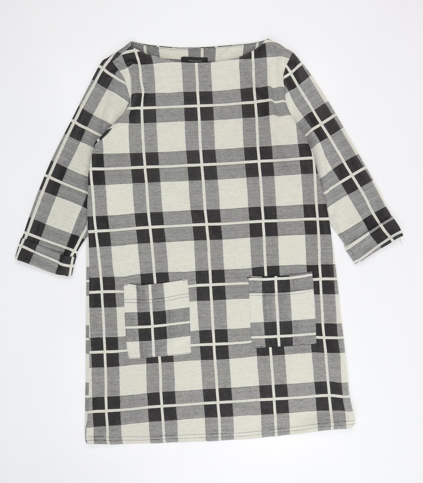 Atmosphere Womens Black Plaid Polyester A-Line Size 14 Boat Neck Pullover