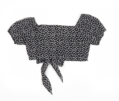 SheIn Womens Black Floral Polyester Cropped Blouse Size M V-Neck - Tie Front