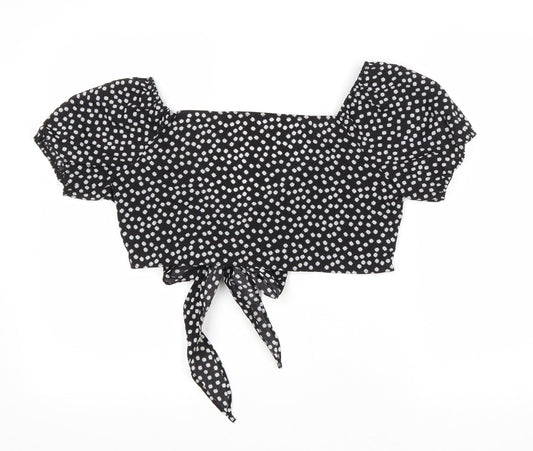 SheIn Womens Black Floral Polyester Cropped Blouse Size M V-Neck - Tie Front