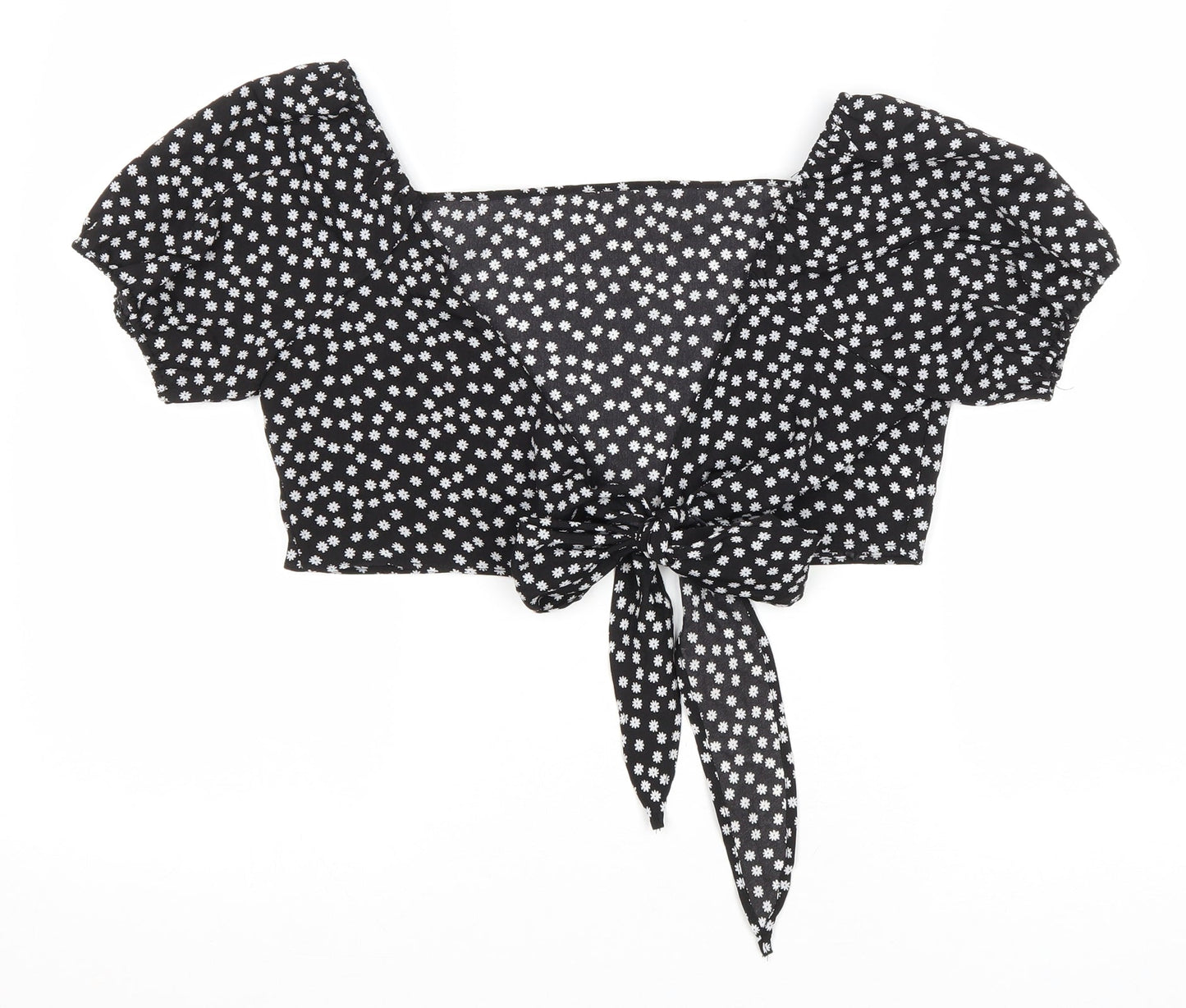 SheIn Womens Black Floral Polyester Cropped Blouse Size M V-Neck - Tie Front