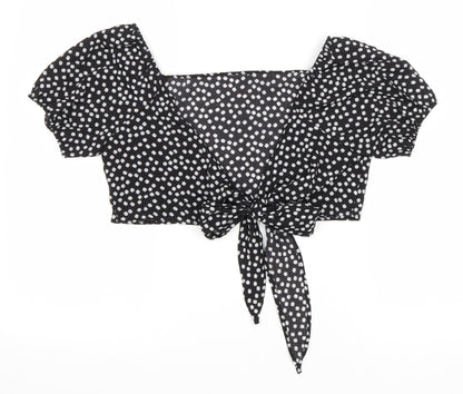 SheIn Womens Black Floral Polyester Cropped Blouse Size M V-Neck - Tie Front