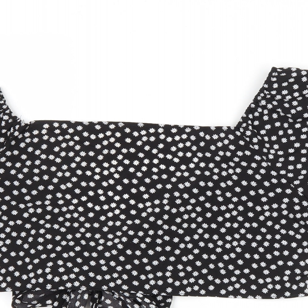 SheIn Womens Black Floral Polyester Cropped Blouse Size M V-Neck - Tie Front