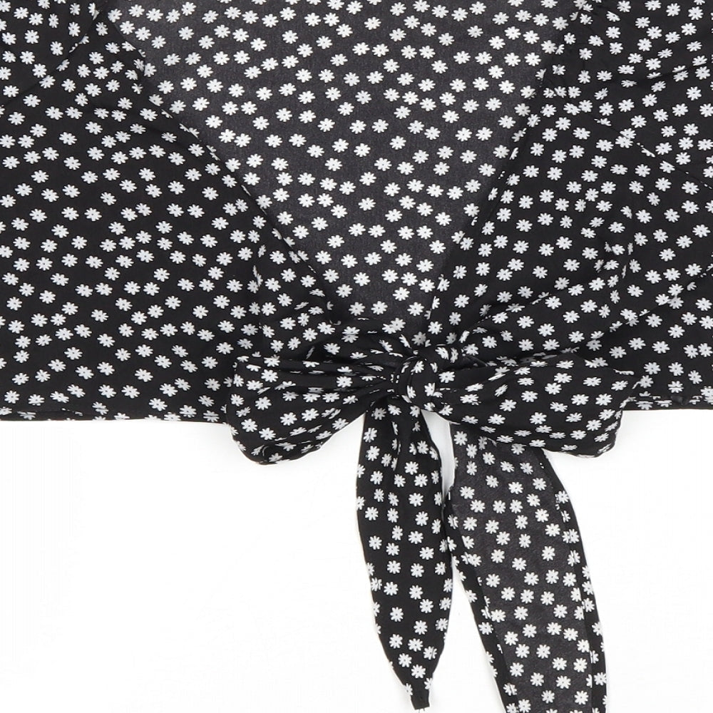 SheIn Womens Black Floral Polyester Cropped Blouse Size M V-Neck - Tie Front