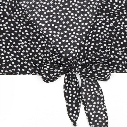SheIn Womens Black Floral Polyester Cropped Blouse Size M V-Neck - Tie Front