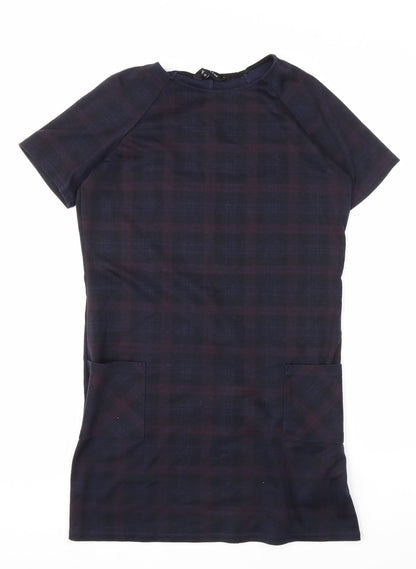 New Look Womens Blue Plaid Polyester T-Shirt Dress Size 12 Round Neck Pullover