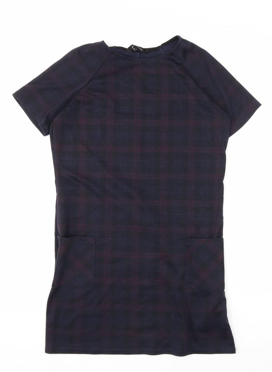 New Look Womens Blue Plaid Polyester T-Shirt Dress Size 12 Round Neck Pullover