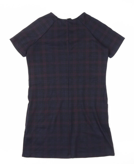 New Look Womens Blue Plaid Polyester T-Shirt Dress Size 12 Round Neck Pullover