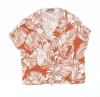 Primark Womens Orange Floral Viscose Cropped Button-Up Size 6 Collared